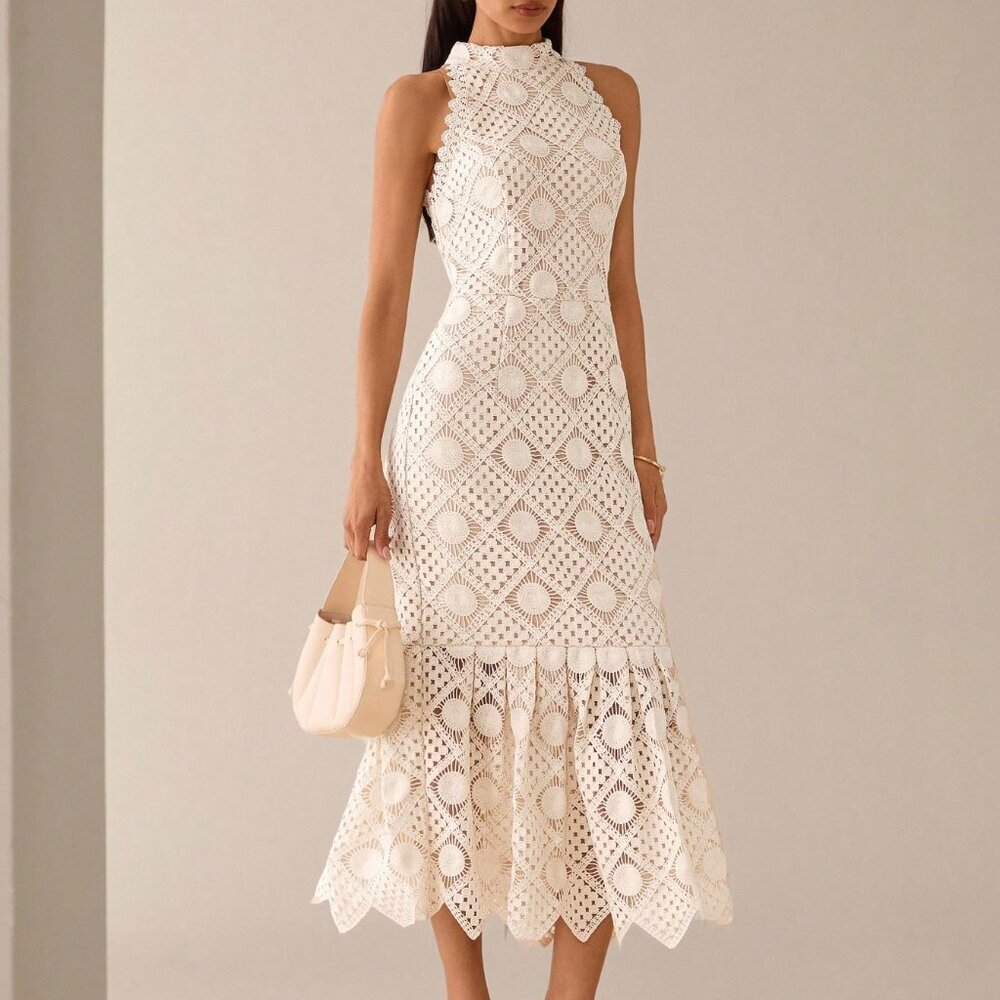 Apricot Elegant Women's Sleeveless Crochet Lace Midi Dress - Picture 1 of 8